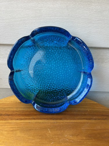 Vintage MCM Anchor Hocking Blue Flower 6 Petal Pressed Glass Ashtray 7" Retro