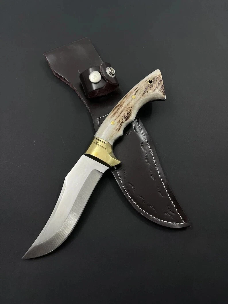Custom Handmade Carbon Steel Blade Deer Antler Bowie Knife|Hunting Knife Camping