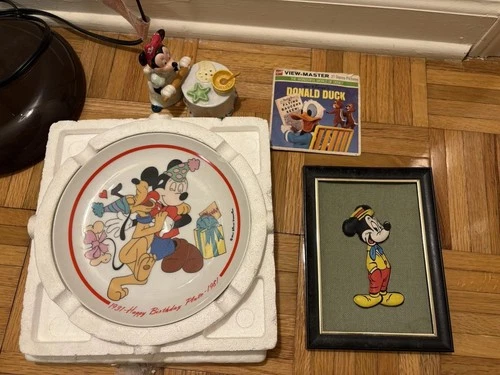 Vintage Lot Of Disney Items - Plate, Salt Pepper Shaker, Mickey, Donald, Minnie