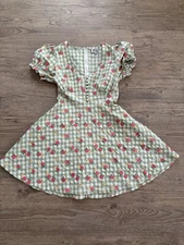 Unique Vintage | 1940s Light Green Gingham & Peaches Flare Dress