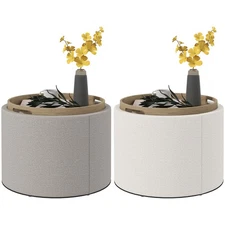 HOMCOM Round Storage Ottoman Coffee Table with Flip Top Tray, Linen Fabric