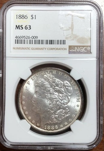 1886-P Morgan Silver Dollar $1 rated by NGC with MS63, Brilliant Uncirculated.