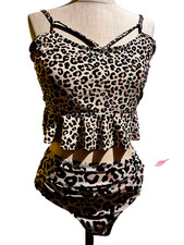 2 PIECE RUFFLED LEOPARD PRINT TANKINI SWIMSUIT SIZE XL