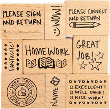 9 Piece Set of Wooden Rubber Teacher Stamps - Classroom Supplies for Grading Hom