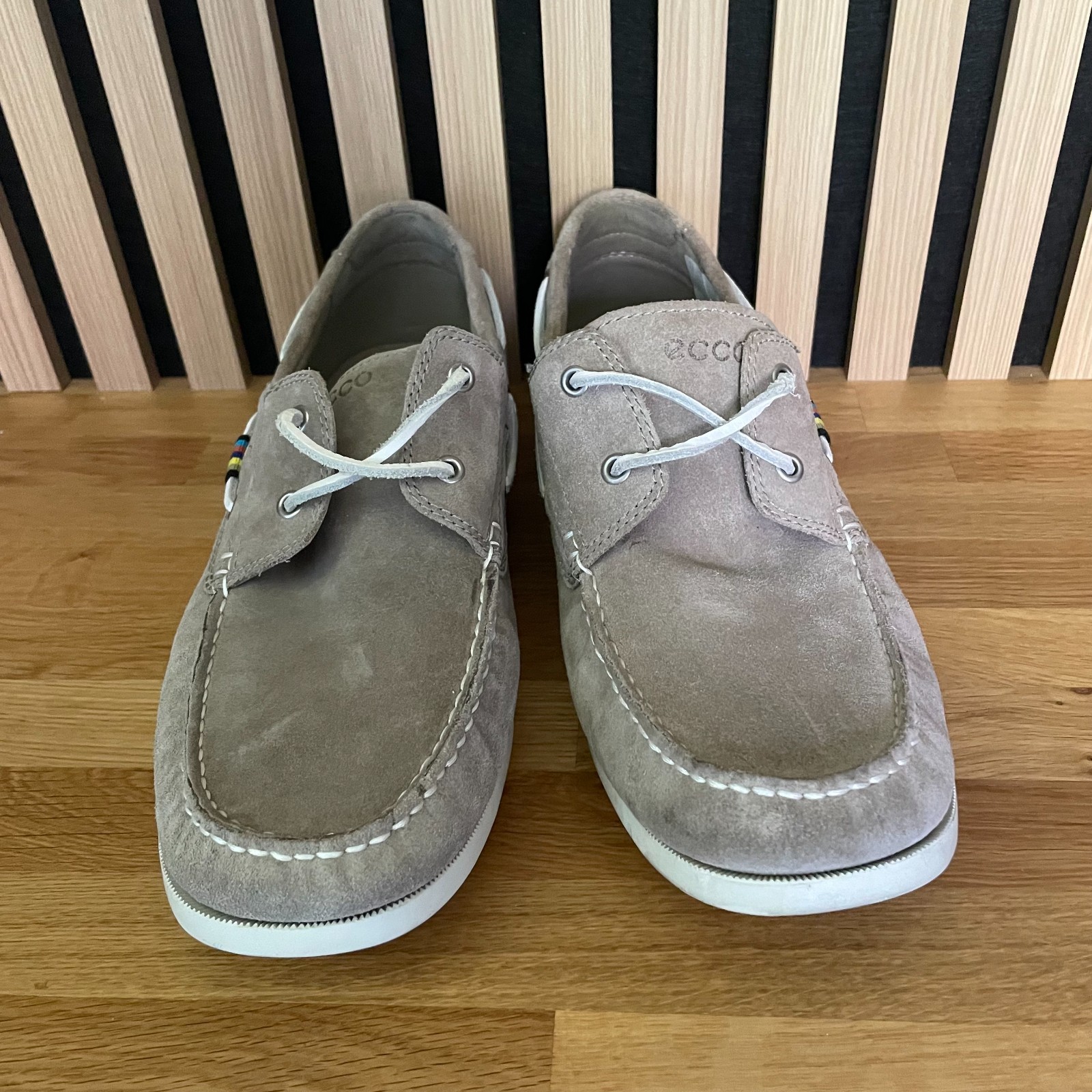 Ecco Men's Suede Boat Shoes EU46 UK12 Taupe Beige Deck Shoes RRP £100 VGC image 3