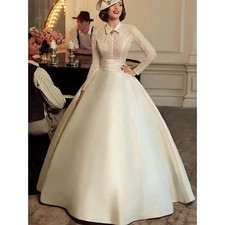 Vintage 18th Century Wedding Dresses Lace Long Sleeve Turndown Collar Satin Gown