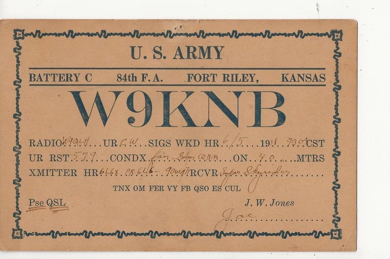 1938  W9KNB  Battery C 84th F.A. Fort Riley Kansas    QSL radio postcard