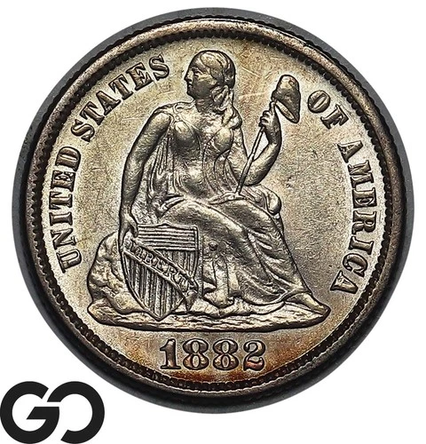 1882 Seated Liberty Dime Choice BU++, Nice Original Toner