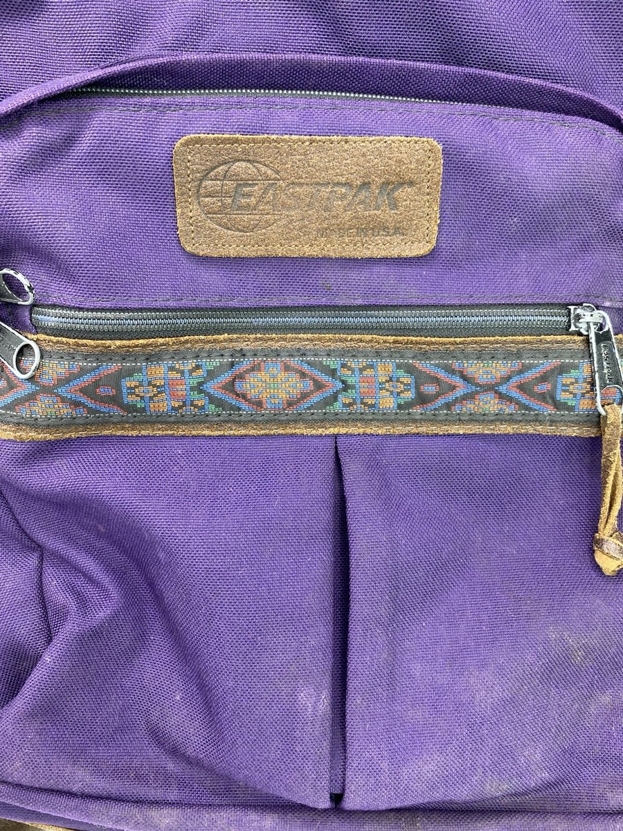 Vintage 90s Eastpak Suede Leather Bottom Purple Backpack Aztec