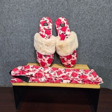 NWOT Victoria's Secret Floral Satin Faux Fur M 7/8 Slippers With Matching Bag