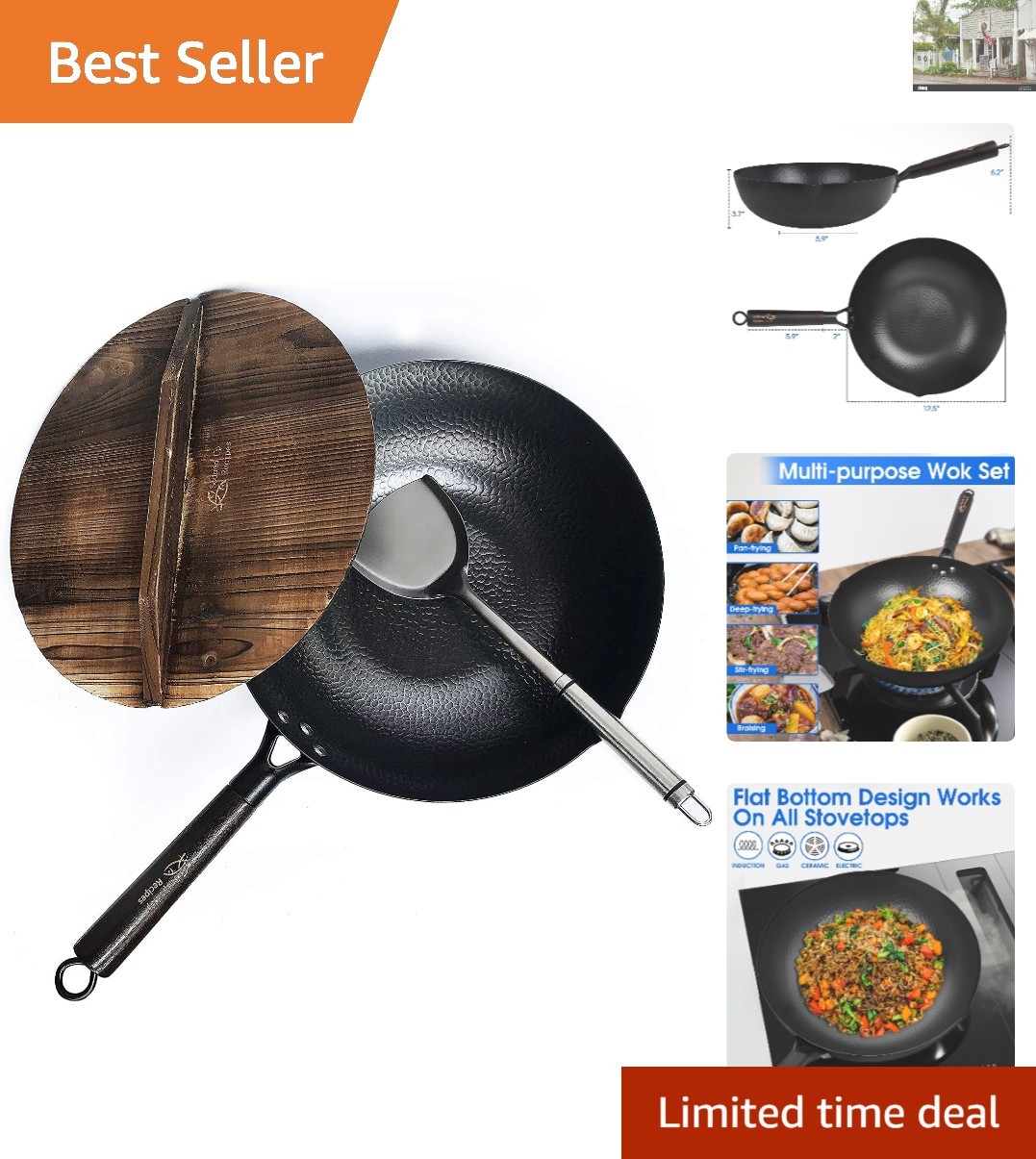 12.5 Inch Carbon Steel Wok Set With Lid