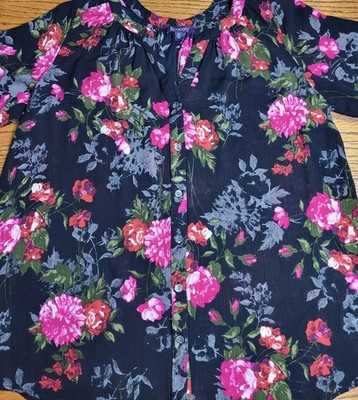 Roaman's Tunic Blouse Womens 18W Red & Pink Floral Crinkle Popover Boho Coastal