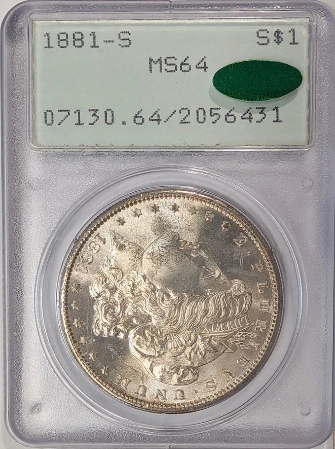 PCGS & CAC Certified MS 64 Graded 1881 Year Morgan US Dollars