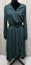 KorMei Green Solid Wrap V-Neck Puff Long Sleeve Smocked Ruffle Midi Dress XL