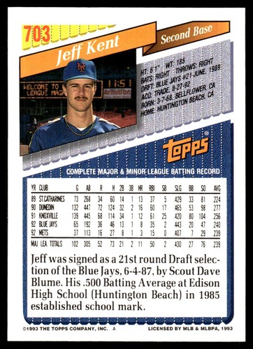 Jeff Kent 1993 Topps #703 New York Mets MLB READ FREE SHIPPING AutographDen - Picture 2 of 2