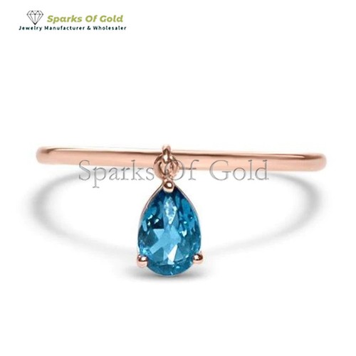 6x4mm Blautopas Charm dünner Bandring 14k Gelbgold feiner Schmuck Geschenk für sie - Bild 1 von 5