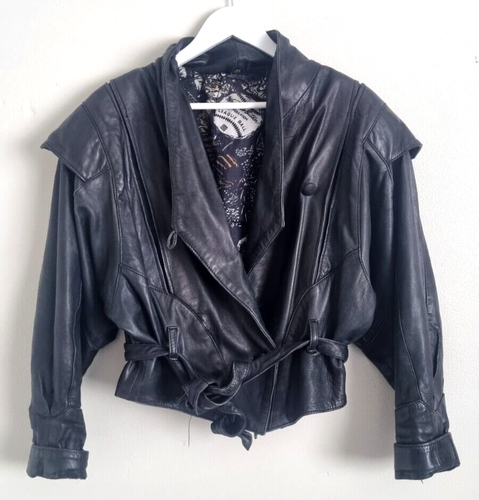 Chaqueta de cuero vintage Wright & Ditson para mujer talla mediana M negra con cinturón