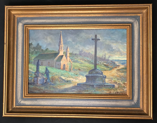 Painting CHAPEL signed Le BICCON calvary painting BRITAIN vintage antique 1 - Picture 2 of 7