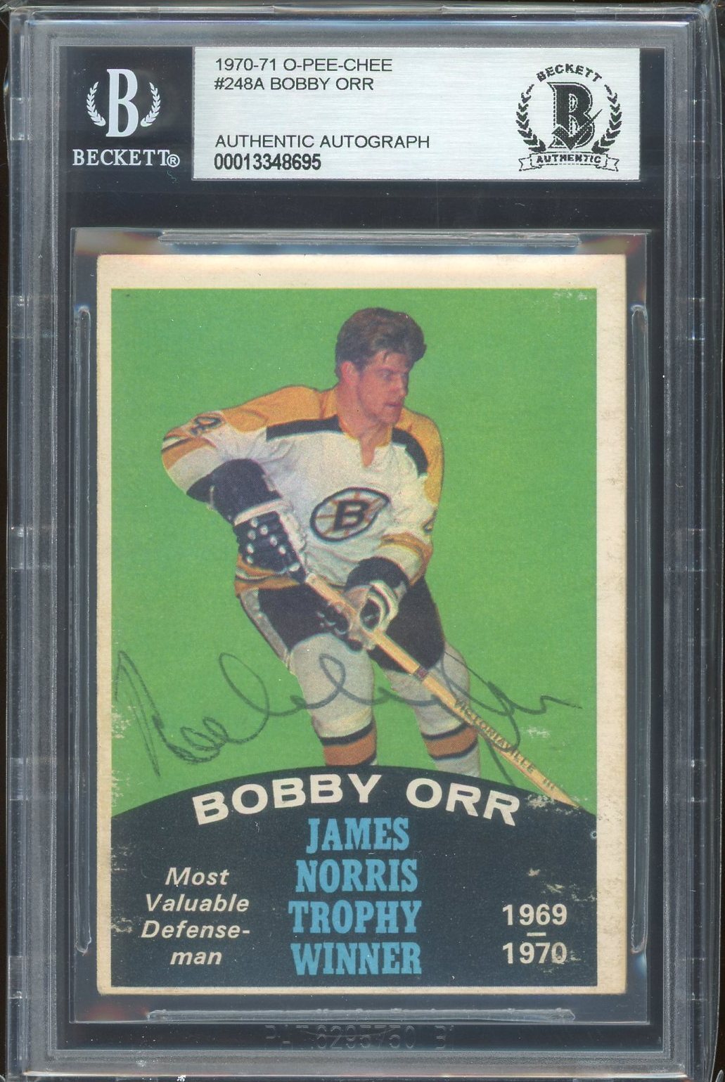 Bobby Orr Autographed Signed Boston Bruins 1970-71 O-Pee-Chee Norris Trophy Card #248 OPC BAS Slabbed 