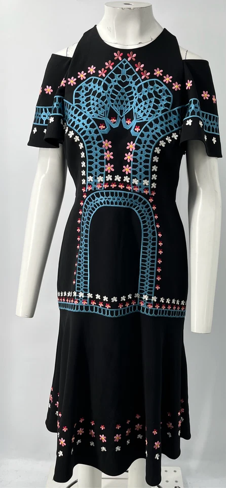 Vestido midi Temperley London Resort 2017 negro recortado floral bordado talla 8 Foto 2 de 4