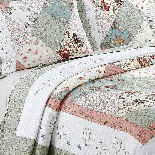NEW! ~ COZY COTTAGE IVORY WHITE SAGE GREEN PINK BLUE YELLOW ROSE SOFT QUILT SET - Picture 4 of 8