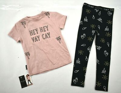 Tiny Tribe Toddler Cotton Blend Hey Hey Vacay Tee Shirt & Leggings Set of 2 4T
