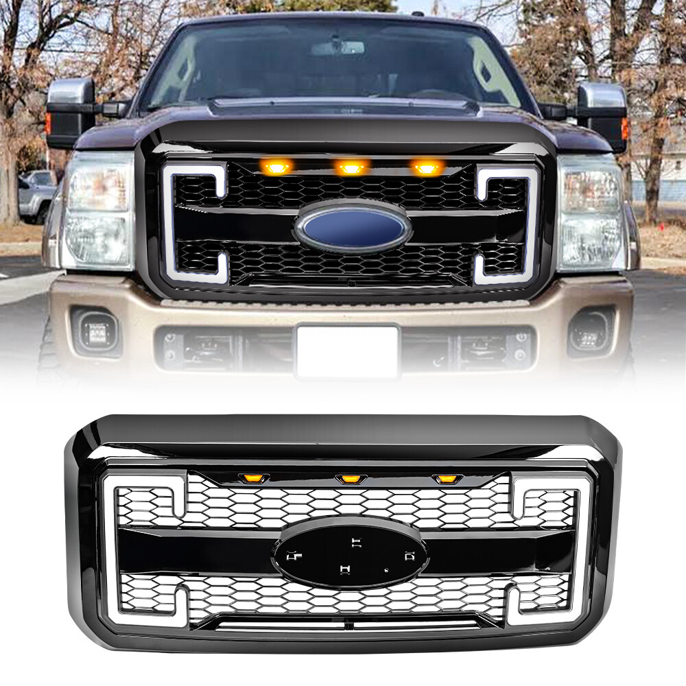 Glossy Black Front Grille w/ Emblem Hole For Ford 2011-2016 F250 F350 Super Duty
