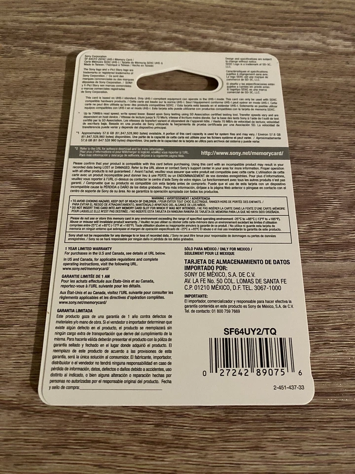 Sony 64GB, Class 1 SDXC UHS-I Memory Card - SF64UY2/TQ - New - Image 2 of 2