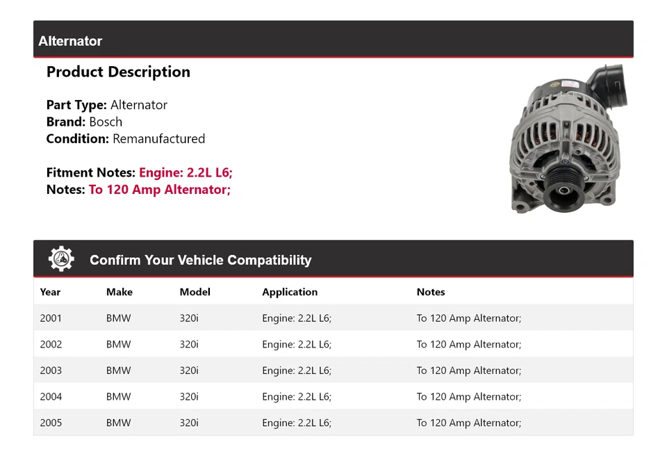 For 2001-2005 BMW 320i 2.2L L6 Bosch Alternator (Remanufactured) 2002 2003 2004 Foto 2 de 4