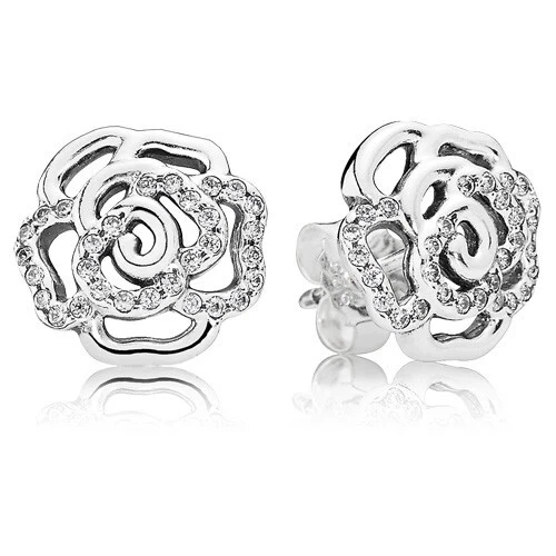 s-l500 New 100% Genuine Pandora Silver Sparkling Shimmering Rose Stud Earrings 290575CZ