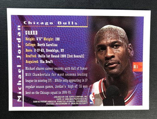 1995-96 Topps Finest #M1 Michael Jordan Chicago Bulls HOF - Picture 2 of 2