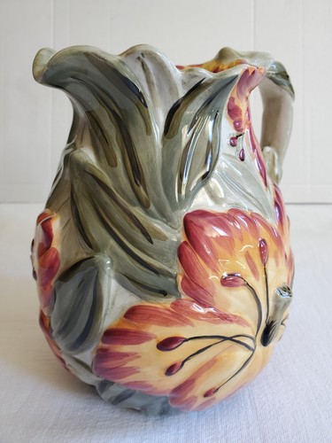 "TROPICAL FLOWER" HANDCRAFTED 9" CERAMIC PITCHER - UNUSED DECOR ONLY/NICE - Picture 3 of 15