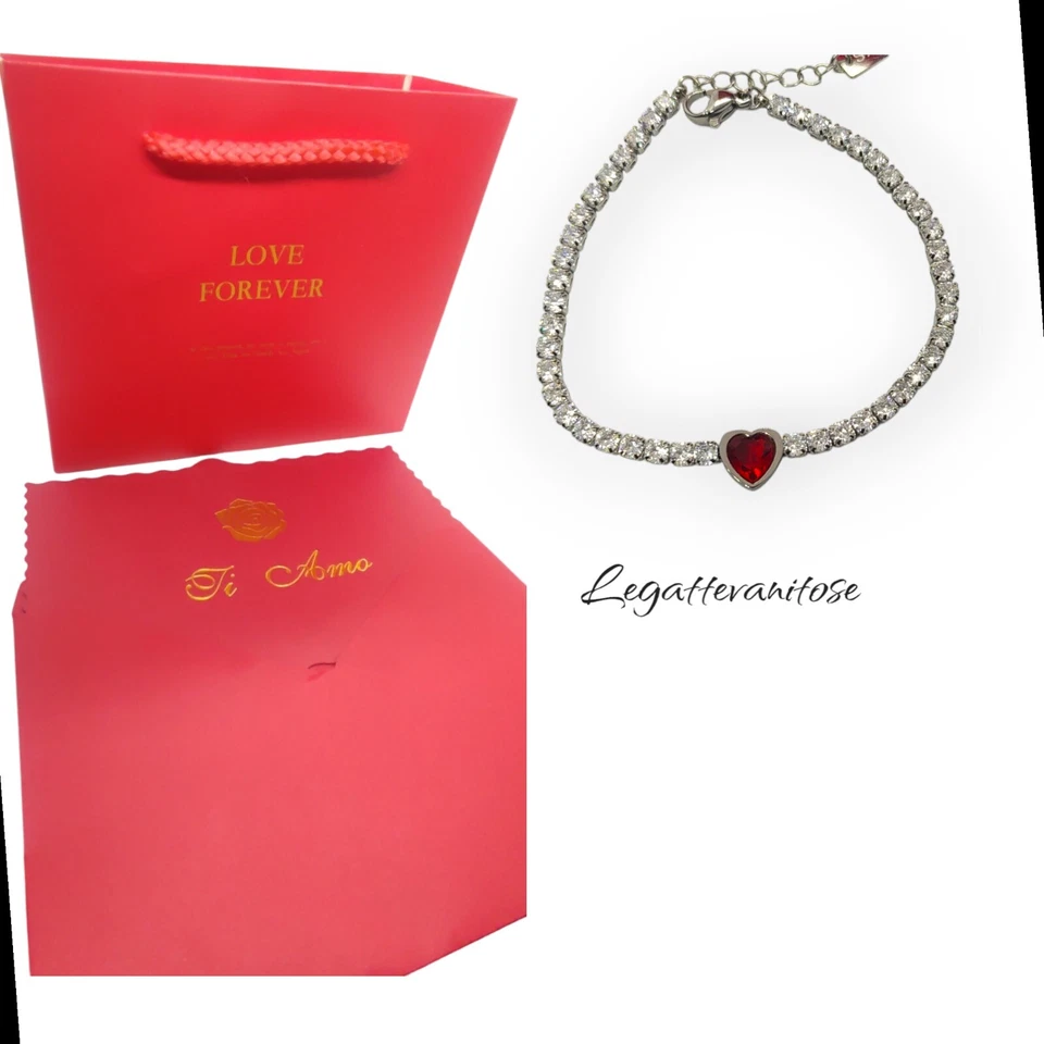 bracciale donna tennis acciaio con zirconi bianchi Cuore Rosso + box regalo rose - Immagine 4 di 4
