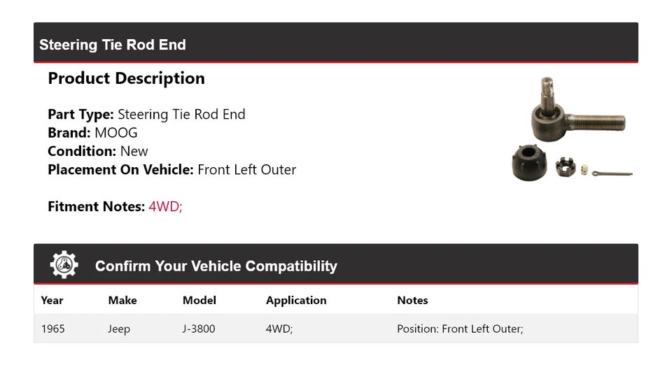 For 1965 Jeep J-3800 4WD Steering Tie Rod End Front Left Outer MOOG - Image 2 of 4