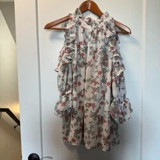 NWT Max Studio Cold Shoulder Chiffon Ruffle Coquette Floral White Pink Top L