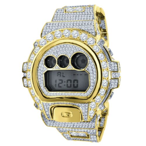 Icy Authentic White Solitaire On Yellow Gold Finish Casio G-Shock DW-6900 Watch - Afbeelding 1 van 3