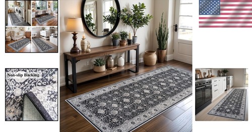Elegante Alfombra Corredor Pasillo 3x6 Lavable Antideslizante - Diseño Floral Negro Clásico - Imagen 2 de 8