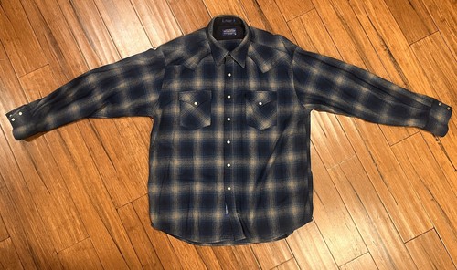 Pendleton Mens Pearl Snap Shirt XL Blue Shadow Plaid Heavy Wool Flannel Western 