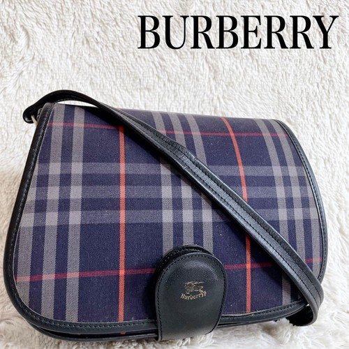 BURBERRY Leather Canvas Check Flap Shoulder Bag Navy Black Multicolor from Japan