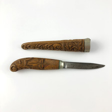 Antique Norwegian Bunad Knife | Folk Art Acanthus Style Wood Carving with Sheath