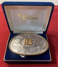 Montana Silversmiths Belt Buckle B Silver Plate Two Tone Rodeo NEW w/BOX