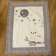 Lambs Ivy Linen Blend Blanket Crib Quilt Luna Fuzzy Owl Celestial Embroidered