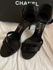 CHANEL Black Leather High Heel Pumps 23cm Logo 8cm Heels Made in Japan Authentic