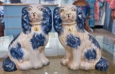 Pair: Blue, White Hand Painted Porcelain Reproduction Staffordshire Dogs-6”H