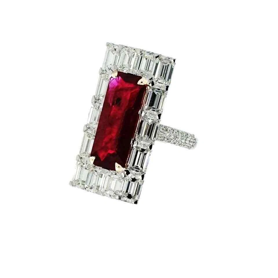 12 CT Red Ruby Emerald Cut & White CZ Round Cut 925 Silver Women's Cocktail Ring - Image 4 of 4
