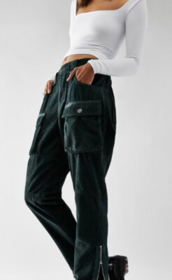 Free People London Calling Slouchy Cord Pants Print Pouch Pockets Pine 27 NWT