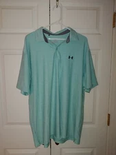 Men Under Armour Light Blue Heathered Loose Heat Gear Polo Golf Shirt Size 2XL