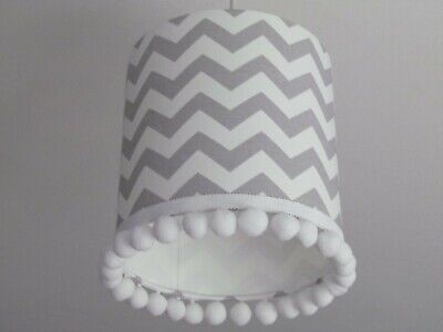Grey Zig Zag White Pom Trim Drum Lampshade Nursery Childrens Girls Boys Grey Zig Zag White Pom Trim Drum, Grey And Yellow Childrens Lampshade