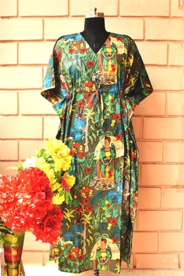 Dark Green Frida Cotton Caftan Handmade Printed Kaftan Beach Nightwear Dress US