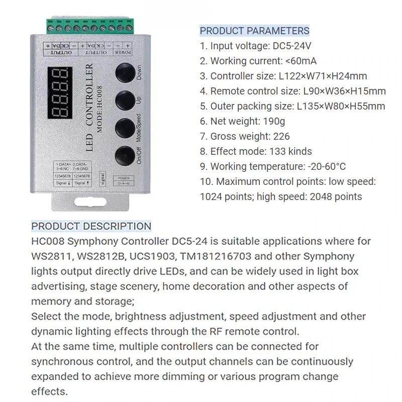 DC 5V 12V 24V 4Keys HC008 programmable rgb led pixel controller 133 effect modes - Image 3 of 4